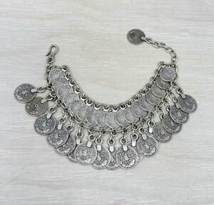 Vintage Silver Tone Faux Coin Charm Boho Dangle Bracelet